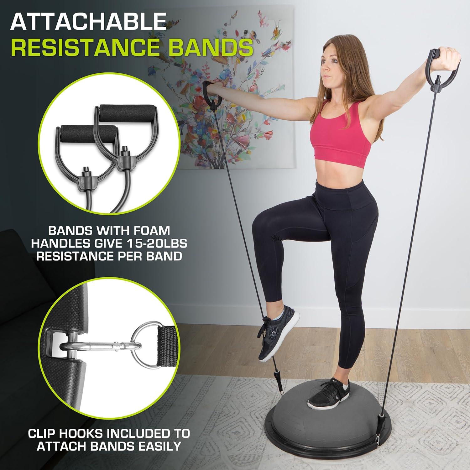 imageProsourceFit Balance Trainer Stability Exercise Half Ball with Resistance Bands and Pump for Yoga Aerobics Home Gym WorkoutGrey