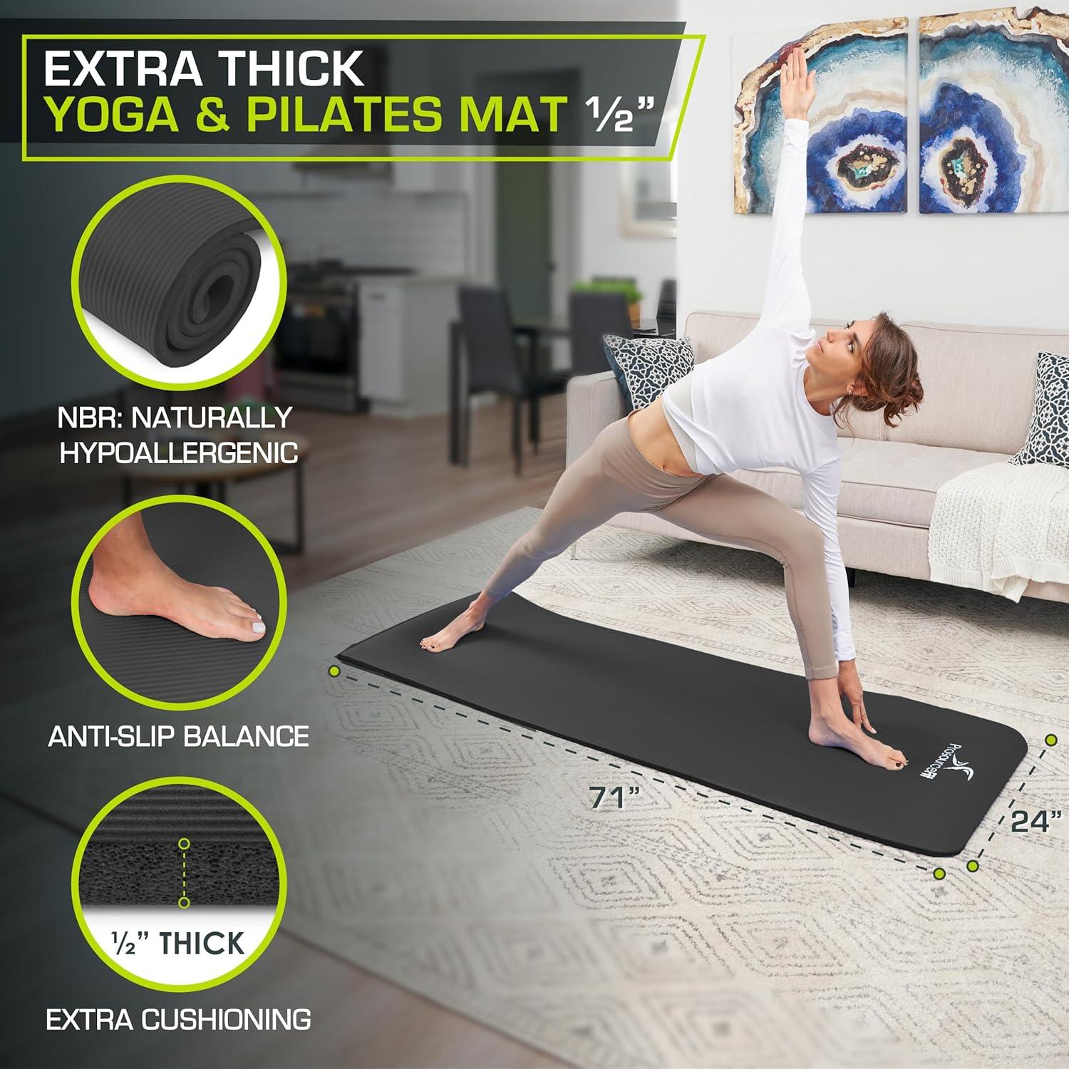 imageProsourceFit Extra Thick Yoga and Pilates Mat  13mm 71inch Long High Density Exercise Mat with Comfort Foam and Carrying StrapBlack