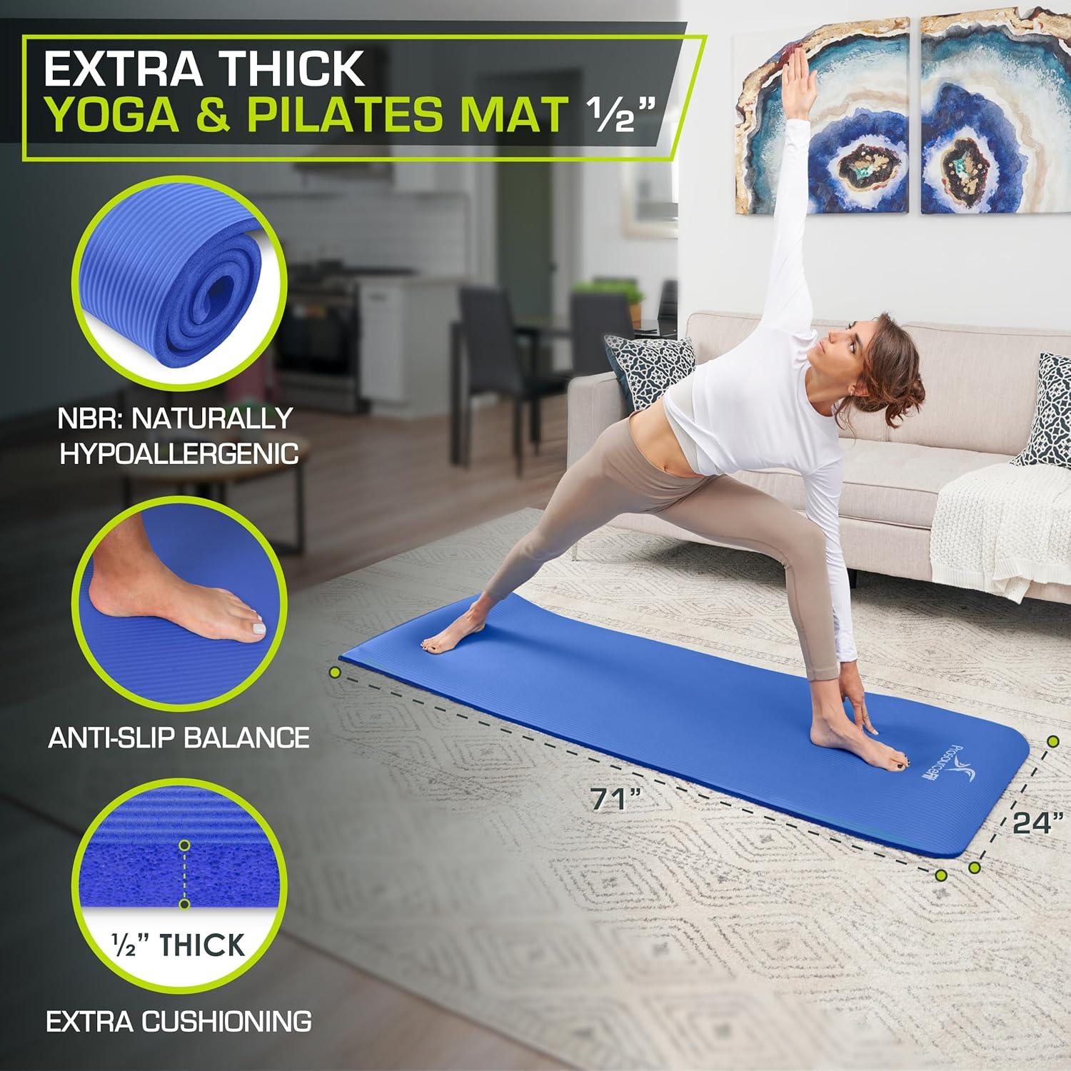 imageProsourceFit Extra Thick Yoga and Pilates Mat  13mm 71inch Long High Density Exercise Mat with Comfort Foam and Carrying StrapBlue