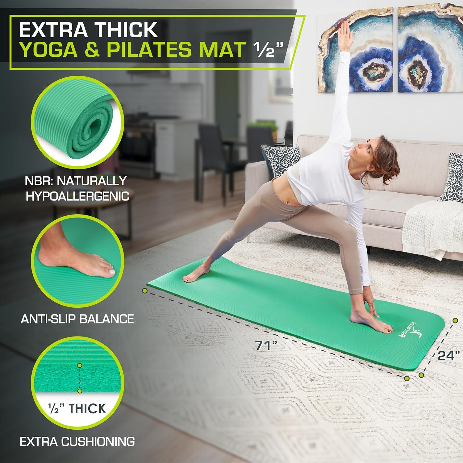 imageProsourceFit Extra Thick Yoga and Pilates Mat  13mm 71inch Long High Density Exercise Mat with Comfort Foam and Carrying StrapGreen