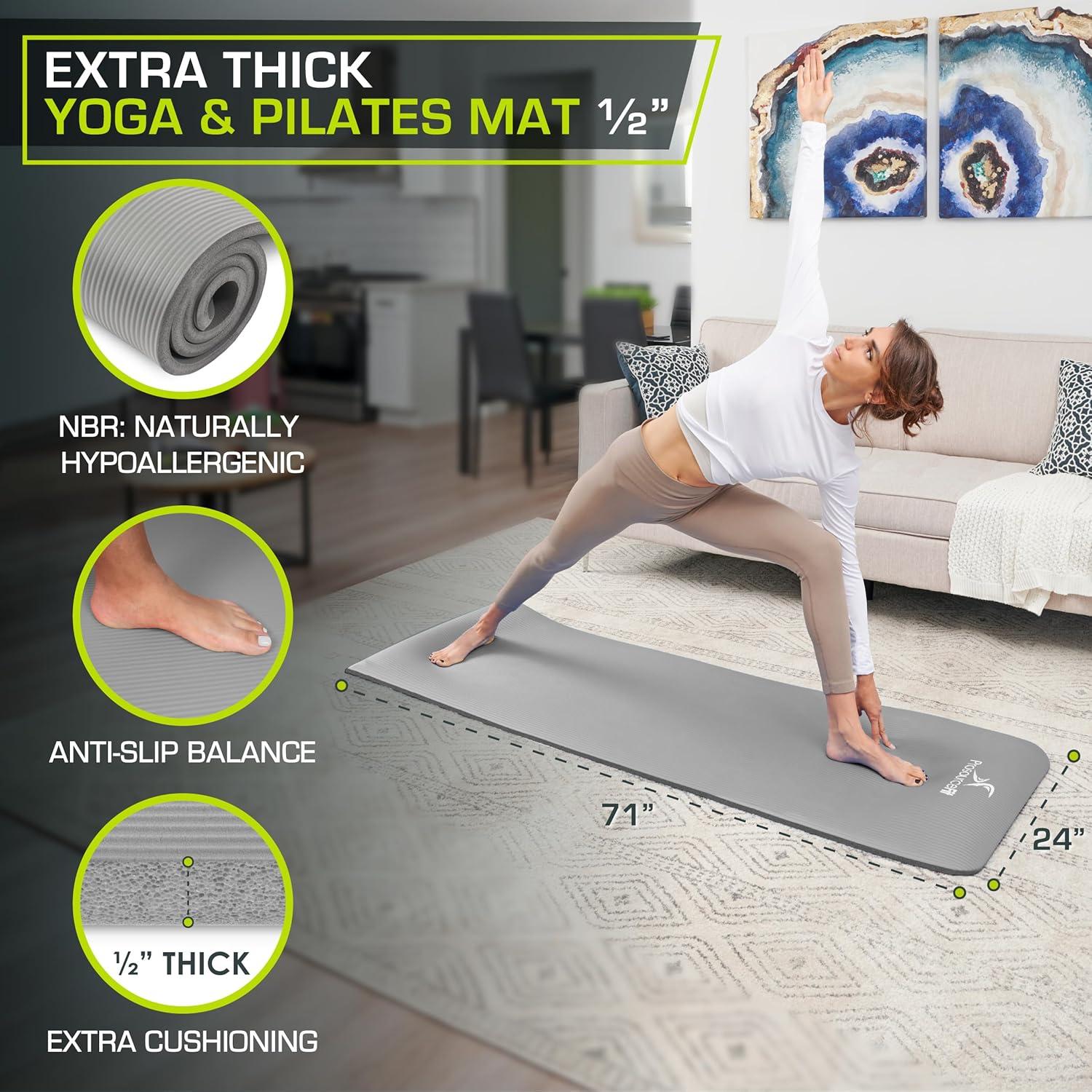 imageProsourceFit Extra Thick Yoga and Pilates Mat  13mm 71inch Long High Density Exercise Mat with Comfort Foam and Carrying StrapGrey