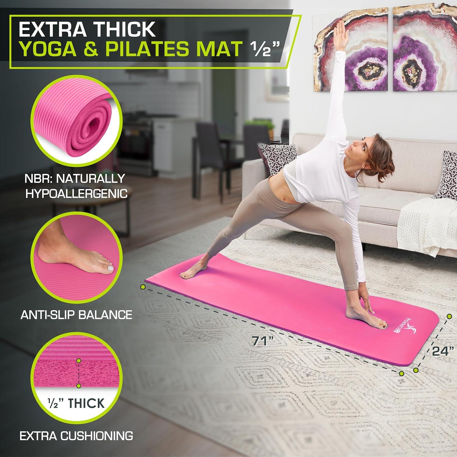 imageProsourceFit Extra Thick Yoga and Pilates Mat  13mm 71inch Long High Density Exercise Mat with Comfort Foam and Carrying StrapPink