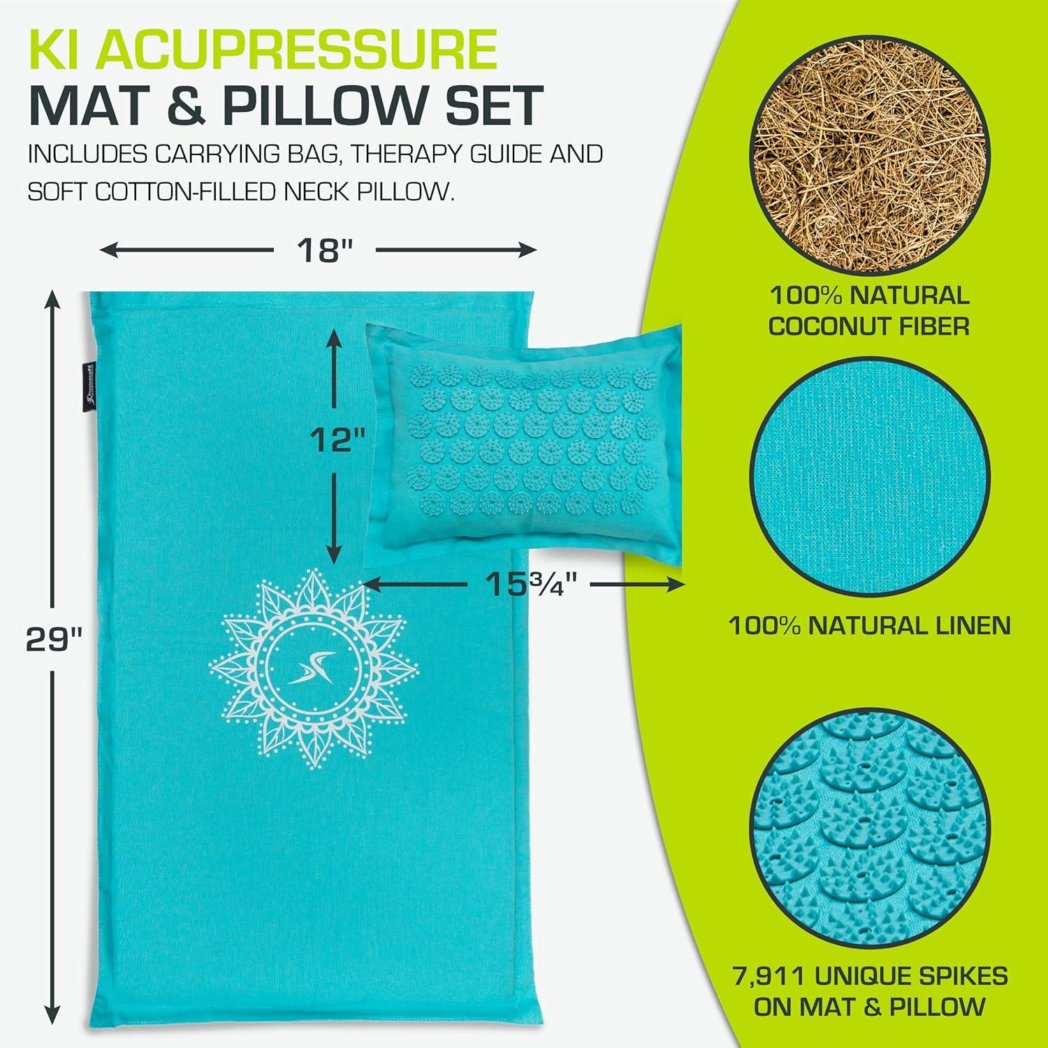 imageProsourceFit Ki Acupressure Mat and Pillow Set with 100 Natural Linen for BackNeck Pain Relief and Muscle RelaxationBahama Blue