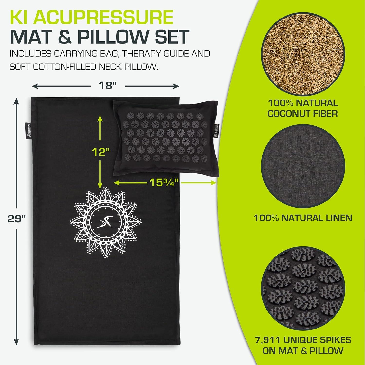 imageProsourceFit Ki Acupressure Mat and Pillow Set with 100 Natural Linen for BackNeck Pain Relief and Muscle RelaxationBlack Pearl