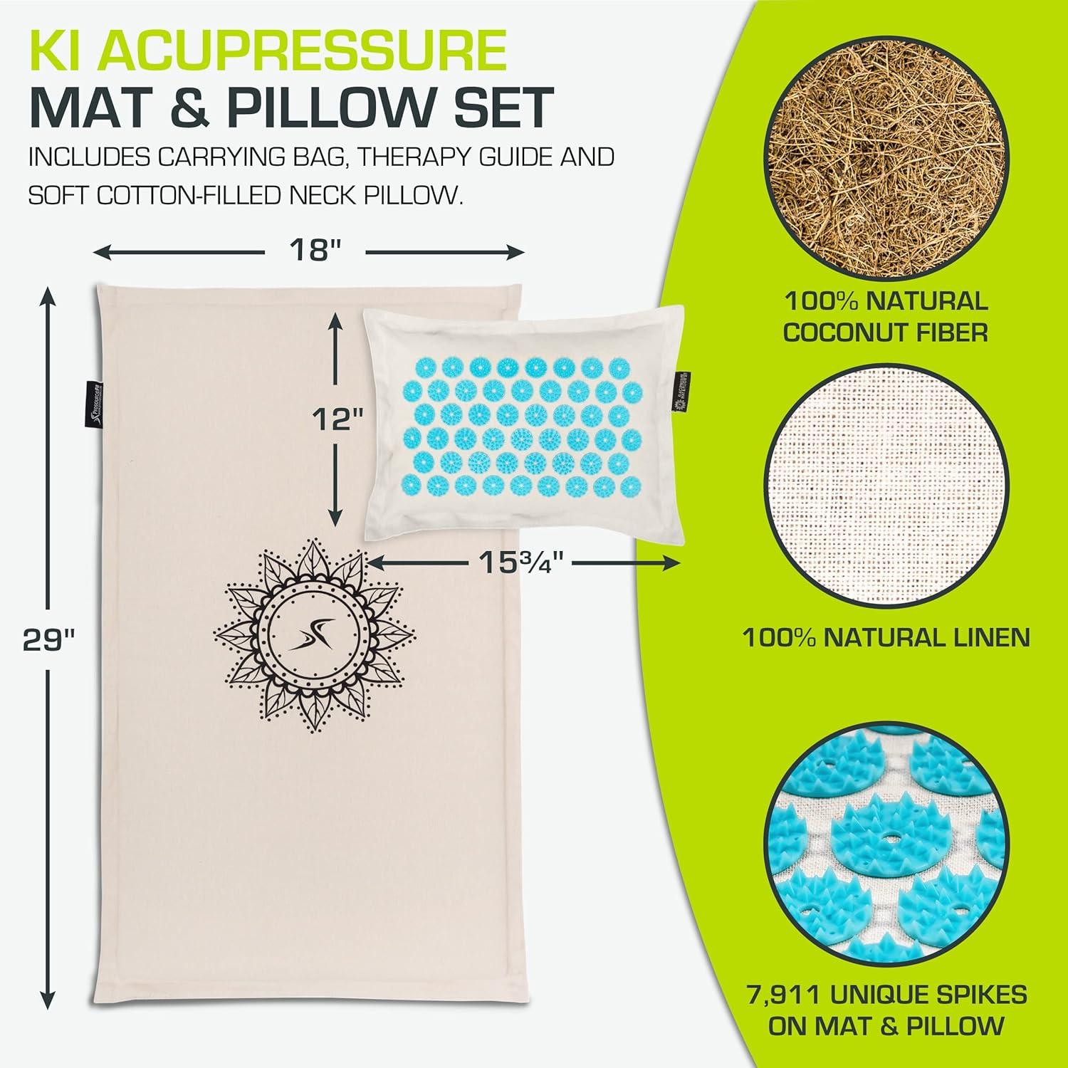 imageProsourceFit Ki Acupressure Mat and Pillow Set with 100 Natural Linen for BackNeck Pain Relief and Muscle RelaxationNatural Aqua