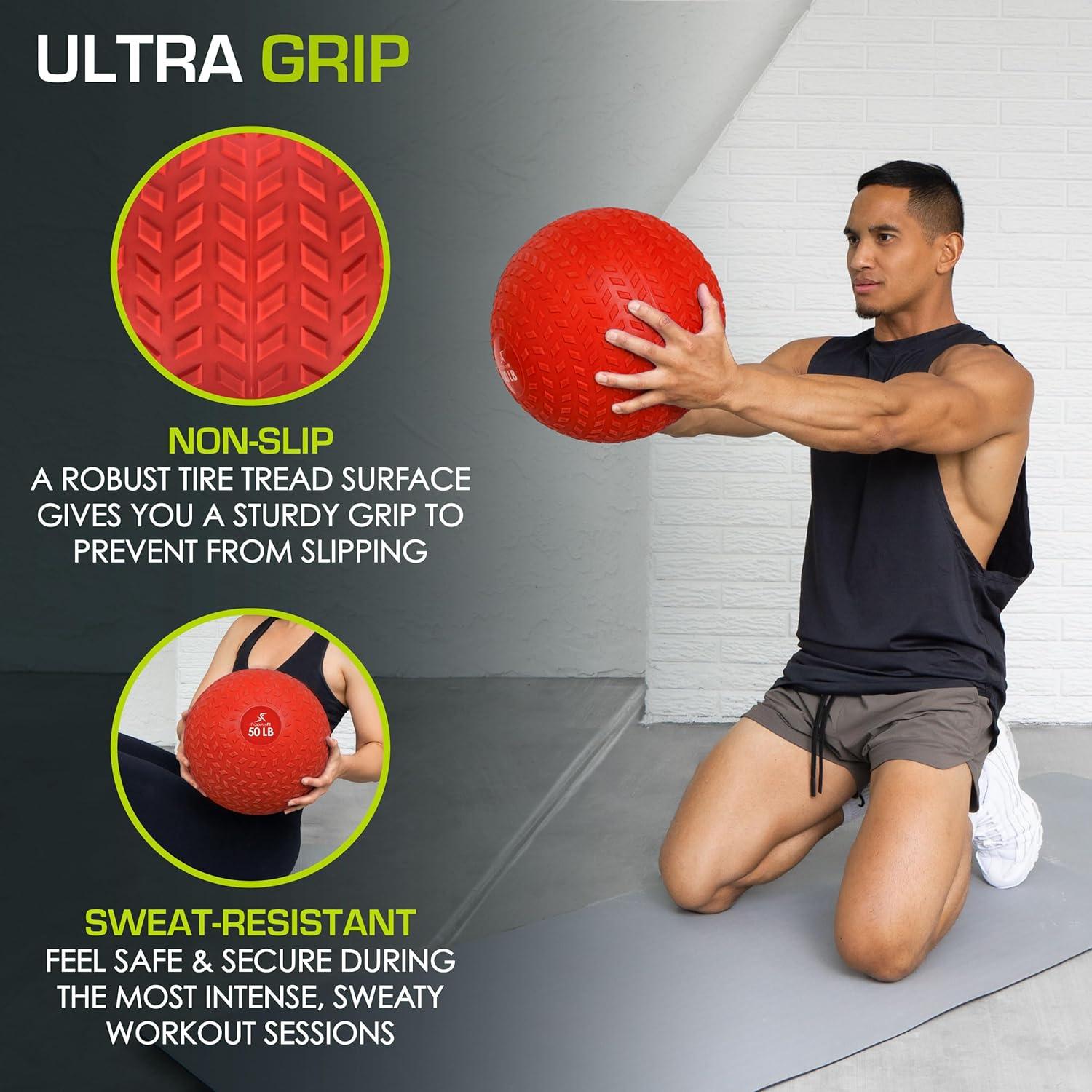 imageProsourceFit Slam Medicine Balls 5 10 15 20 25 30 50lbs Smooth and Tread Textured Grip Dead Weight Balls for Strength and Conditioning Exercises Cardio and Core WorkoutsRed