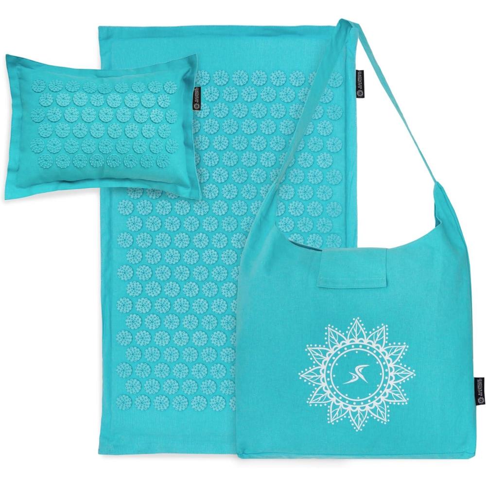 imageProsourceFit Ki Acupressure Mat and Pillow Set with 100 Natural Linen for BackNeck Pain Relief and Muscle RelaxationBahama Blue