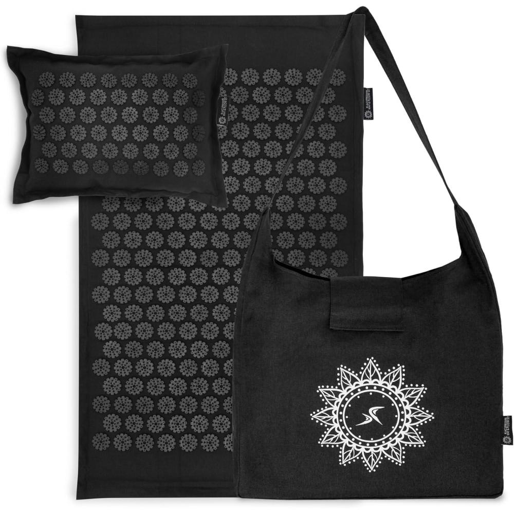 imageProsourceFit Ki Acupressure Mat and Pillow Set with 100 Natural Linen for BackNeck Pain Relief and Muscle RelaxationBlack Pearl