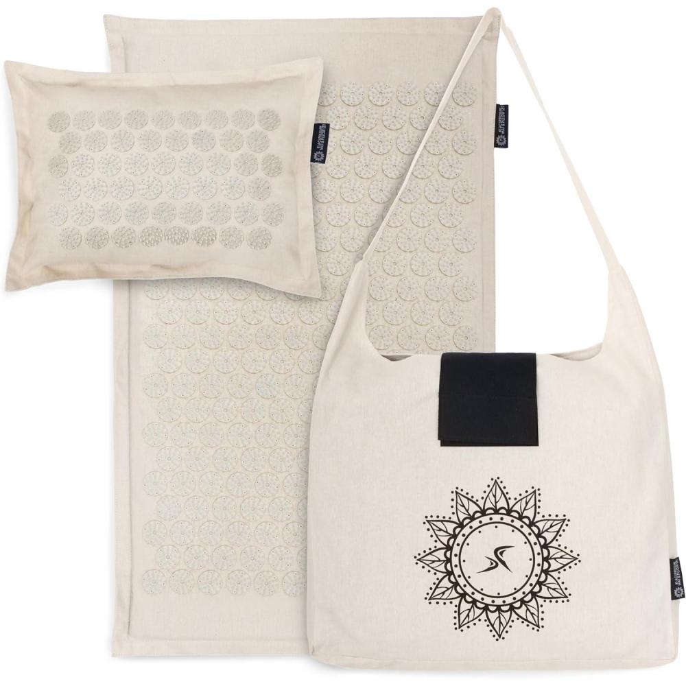 imageProsourceFit Ki Acupressure Mat and Pillow Set with 100 Natural Linen for BackNeck Pain Relief and Muscle RelaxationSand Dunes