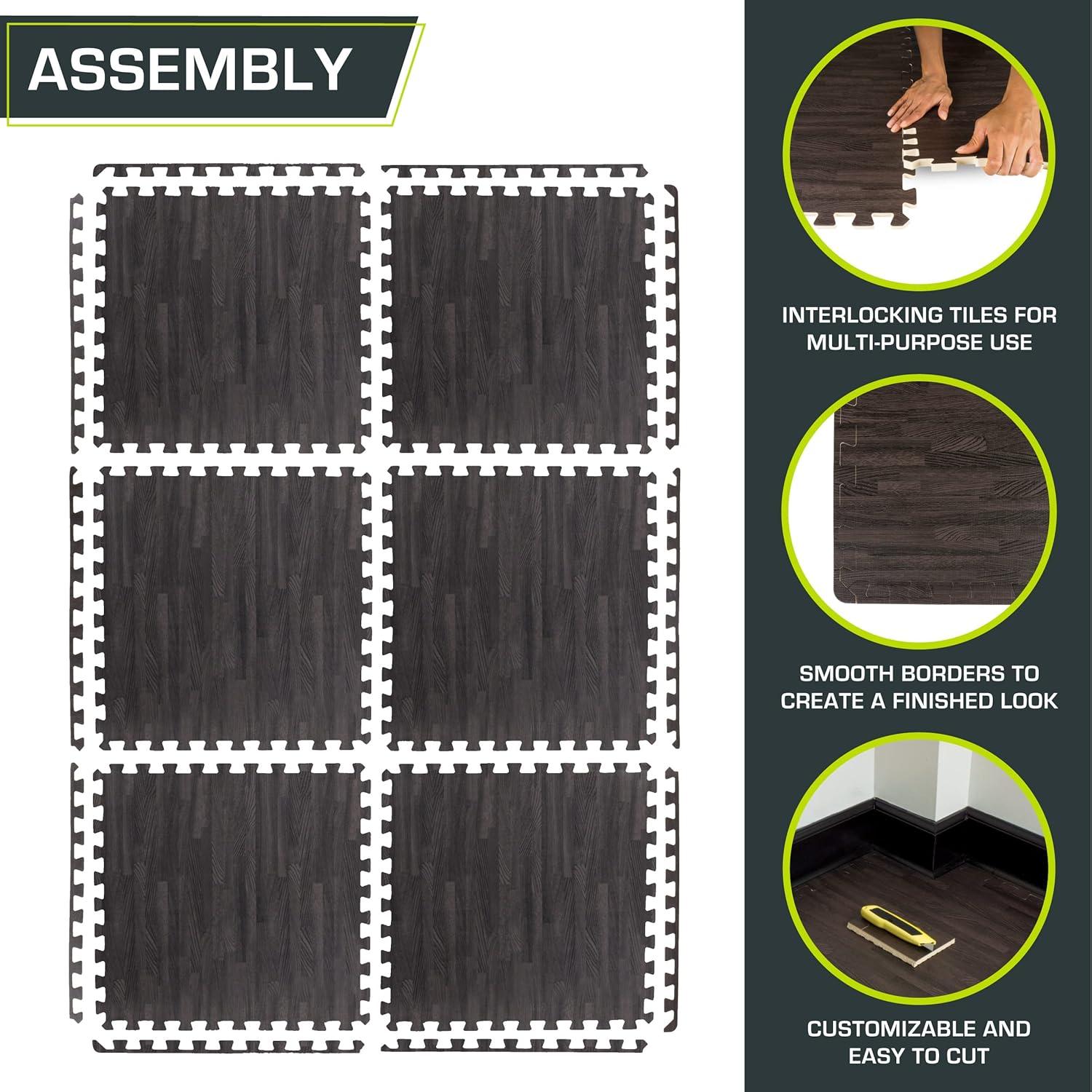 imageProsourceFit Wood Grain Puzzle Mat 12in 6 EVA Foam Interlocking Floor Tiles 24SQ FT for Secure Indoor Room Workout Flooring and Playmat Dark OakCarbon Black  24 Sq Ft  6 Tiles