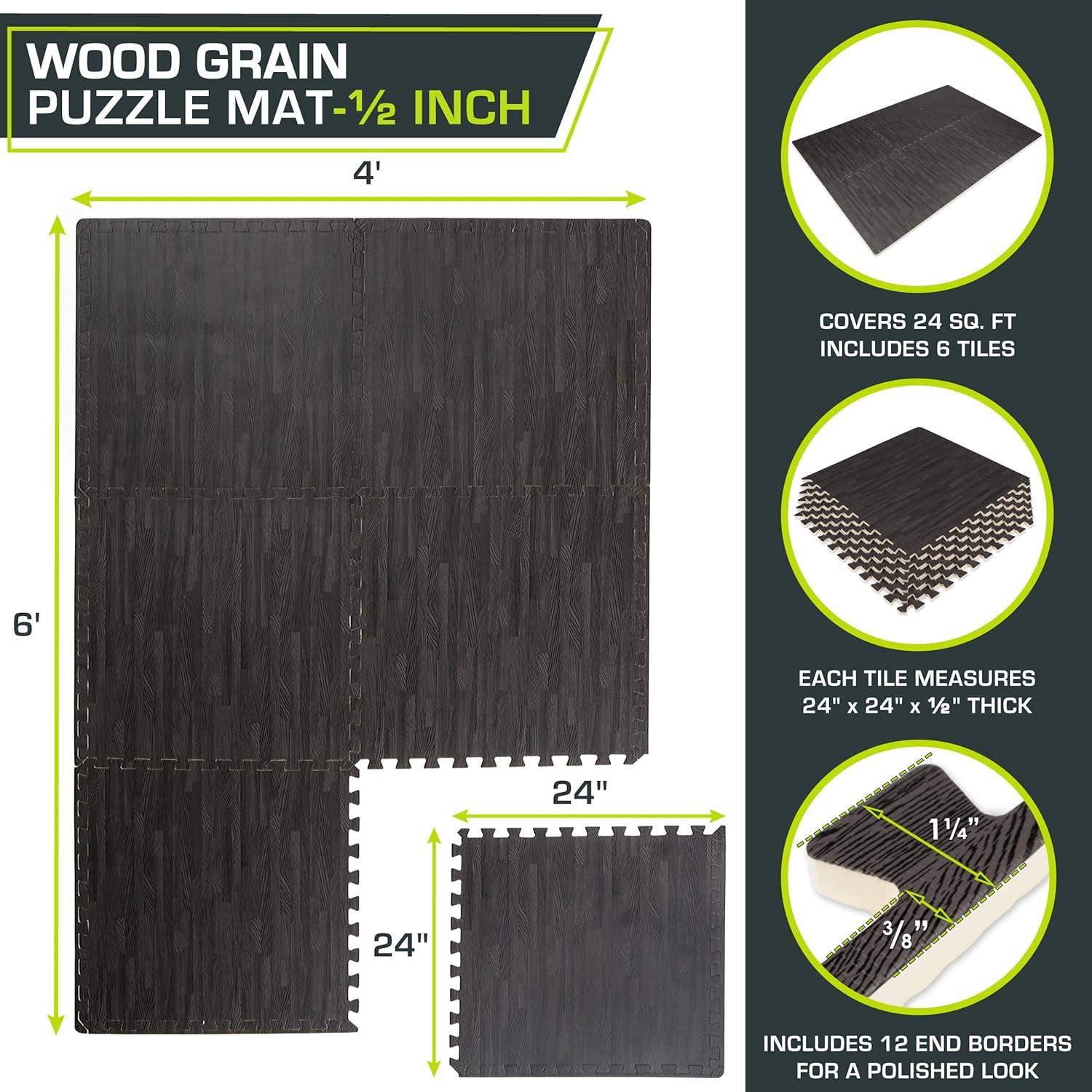 imageProsourceFit Wood Grain Puzzle Mat 12in 6 EVA Foam Interlocking Floor Tiles 24SQ FT for Secure Indoor Room Workout Flooring and Playmat Dark OakCarbon Black  24 Sq Ft  6 Tiles