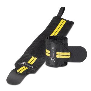 imageProsourceFit Pair of Barbell Weight Lifting Wrist Wraps Support with Thumb Loop RedYellow