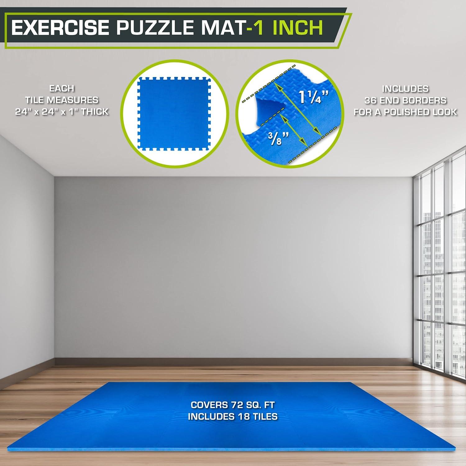 imageProsourceFit Extra Thick Puzzle Exercise Mat  EVA Foam Interlocking Tiles for Protective Cushioned Workout Flooring for Home and Gym Equipment Black  34 inch  24 Sq Ft  6 TilesBlue  1 Inch  72 Sq Ft  18 Tiles