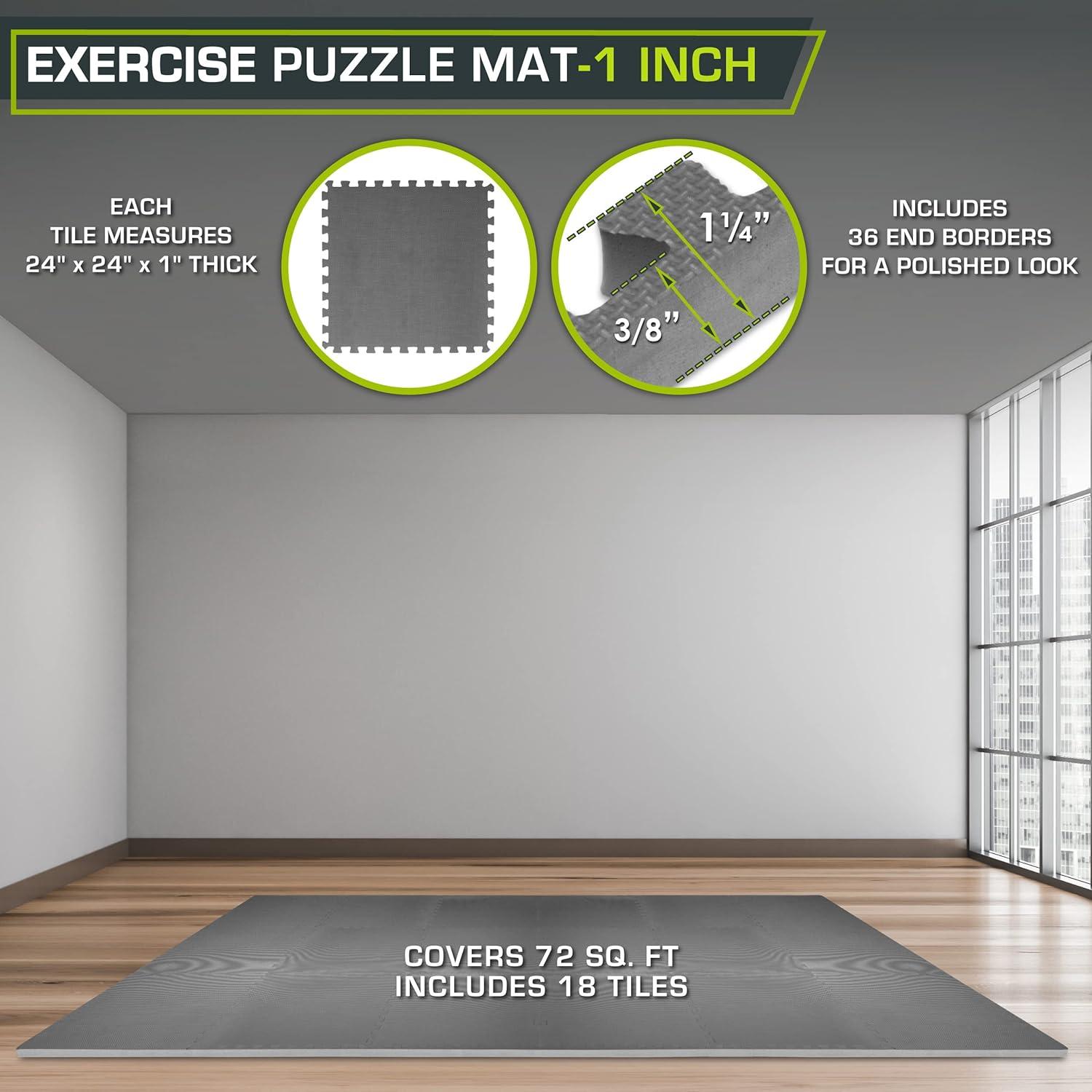 imageProsourceFit Extra Thick Puzzle Exercise Mat  EVA Foam Interlocking Tiles for Protective Cushioned Workout Flooring for Home and Gym Equipment Black  34 inch  24 Sq Ft  6 TilesGrey  1 Inch  72 Sq Ft  18 Tiles