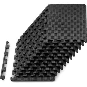 imageProsourceFit Exercise Puzzle Mat 1in Checkered EVA Foam Floor Tiles w NonSlip Texture Gym Mat w Interlocking Foam Tiles for Adjustable Surface Shock Absorbing Waterproof Gym Flooring BlueBlack  12 Inch  12 Tiles  12 Sq Ft